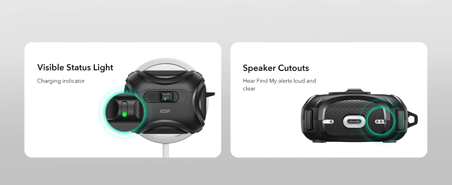 Rugged black ESR protective case for AirPods Pro 2 with speaker cutouts and visible charging light.