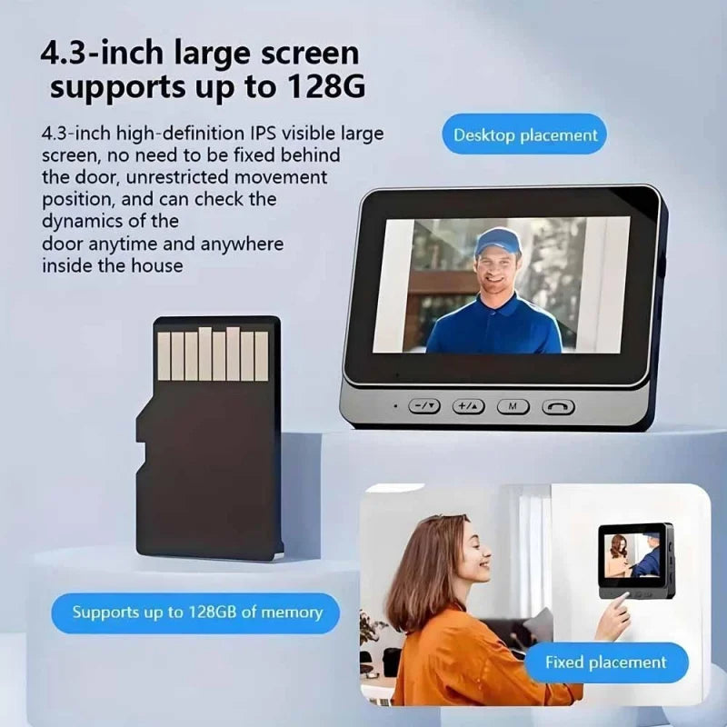 Smart wireless doorbell with a 4.3-inch HD display, control buttons, and 128GB memory card support. Desktop or wall mount.