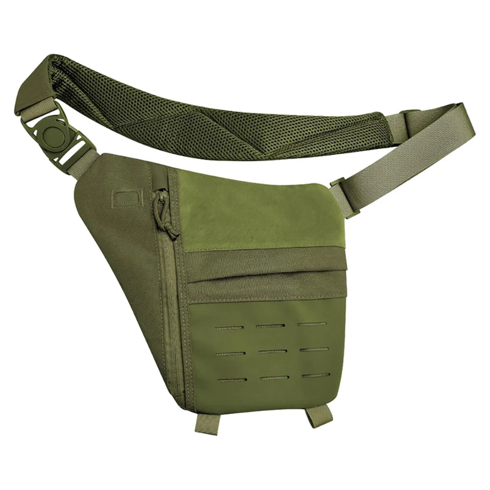 Olive green tactical crossbody sling bag with an adjustable mesh-padded strap, zipped pocket and MOLLE-style webbing.
