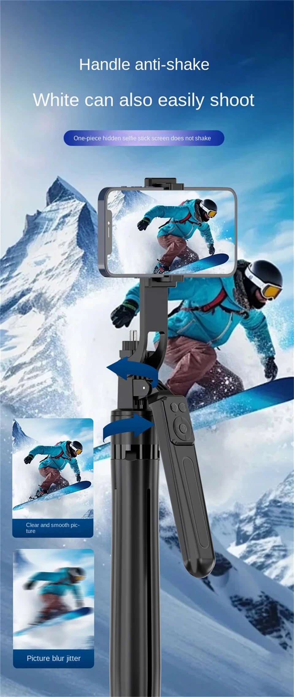 Black plastic gimbal stabilizer and selfie stick with a detachable remote control, holding a smartphone.