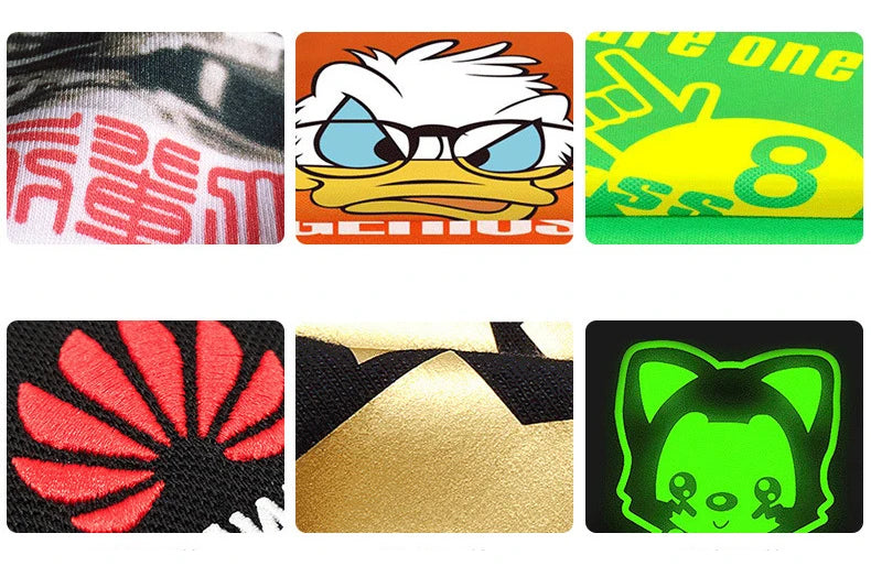Close-up examples of various custom prints, embroidery, and reflective detailing on high-visibility workwear fabric.