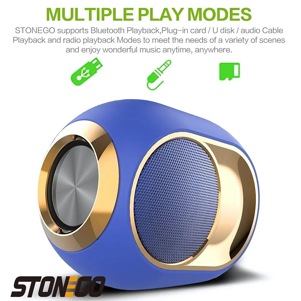 Round, blue and gold portable Bluetooth speaker with multiple playback icons shown above it.