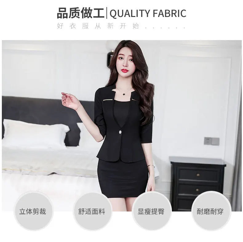 Elegant black women's formal suit set with a tailored blazer, single-button closure, and matching pencil skirt.