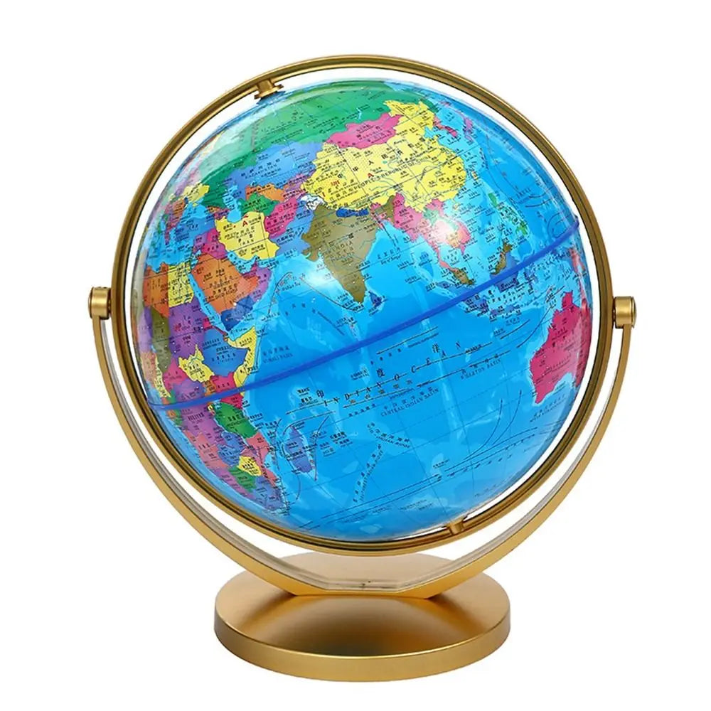Desktop world globe with a vibrant, multi-coloured map and an elegant gold-toned metal stand and frame.