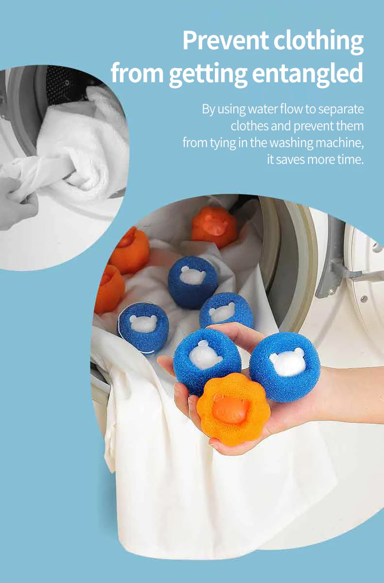 Hand holding blue and orange foam washing balls with bear-shaped centres to prevent clothes from tangling.