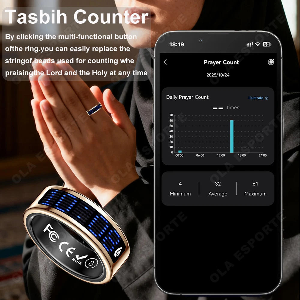 A gold smart ring with a digital display, worn on a hand, shown alongside a smartphone app tracking prayer counts.