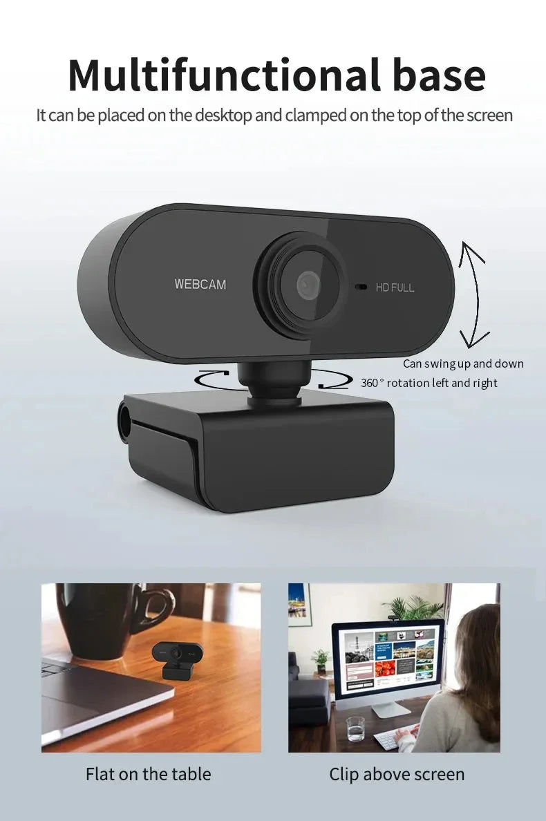 Black 1080P HD USB webcam with a rotatable, multifunctional base for desktop placement or clipping onto a monitor.