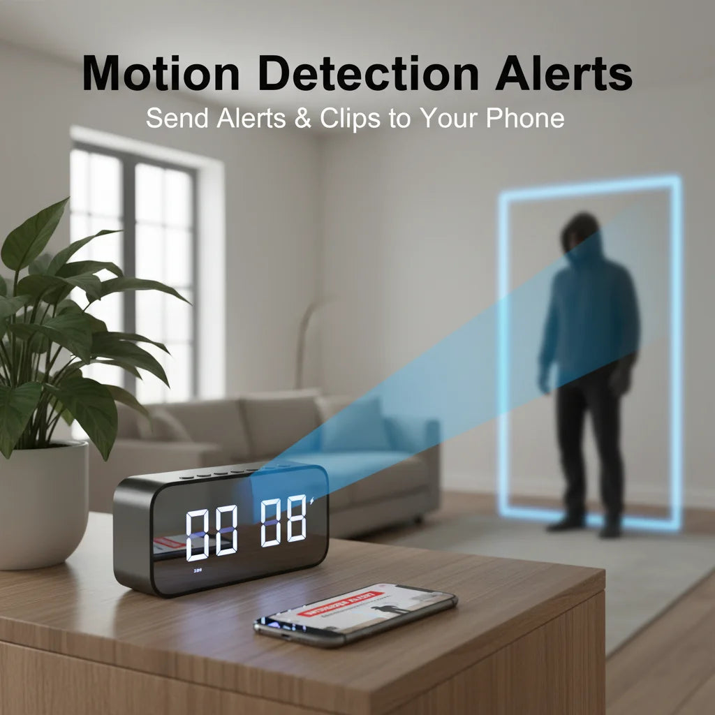 Black plastic digital clock with a hidden camera, motion detection features, and smartphone alert capability.