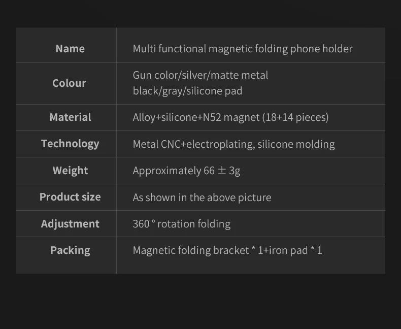 Table displaying specifications for a metallic, foldable, magnetic phone holder with 360-degree rotation.