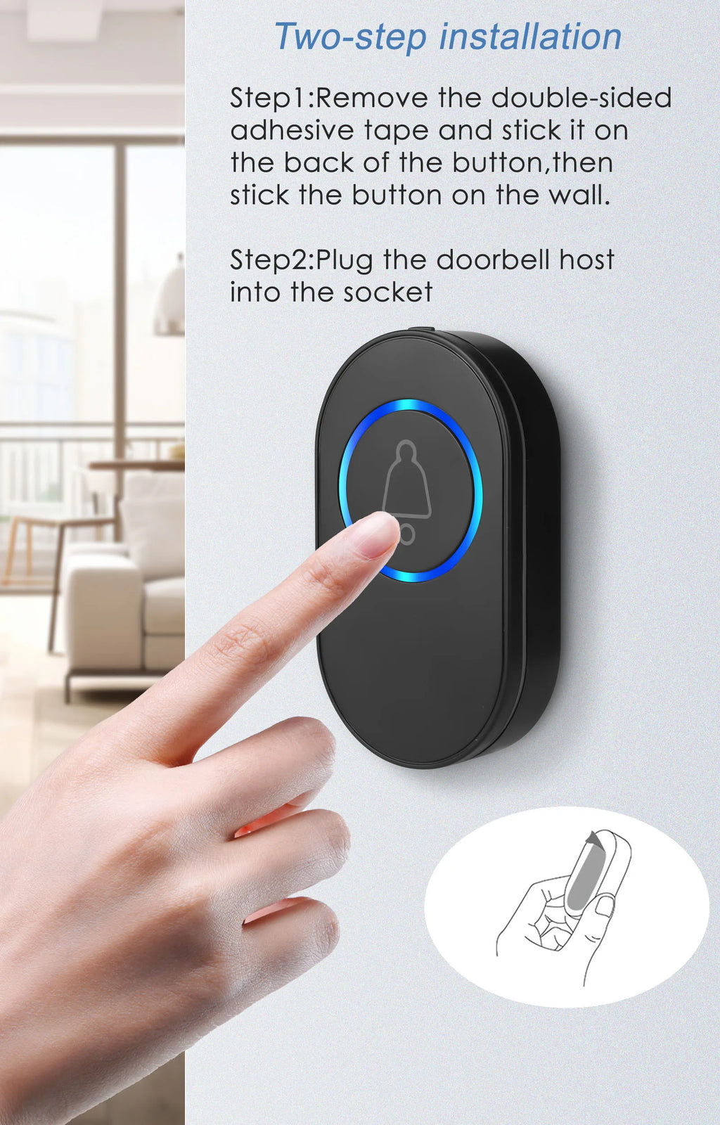 A black, oval wireless doorbell with a blue LED ring being pressed, showing simple two-step adhesive installation.