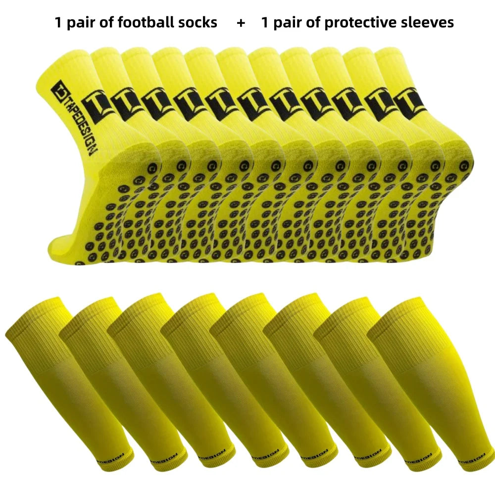 Bright yellow football socks with black grip soles and matching compression sleeves.