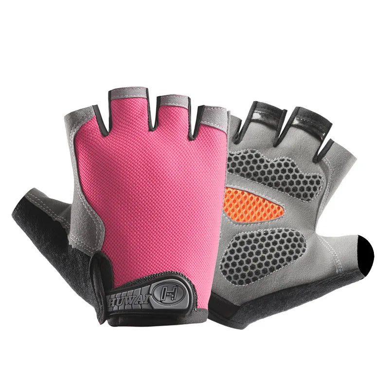 Fingerless cycling gloves in pink and grey with textured grip palms and a branded Velcro wrist strap.