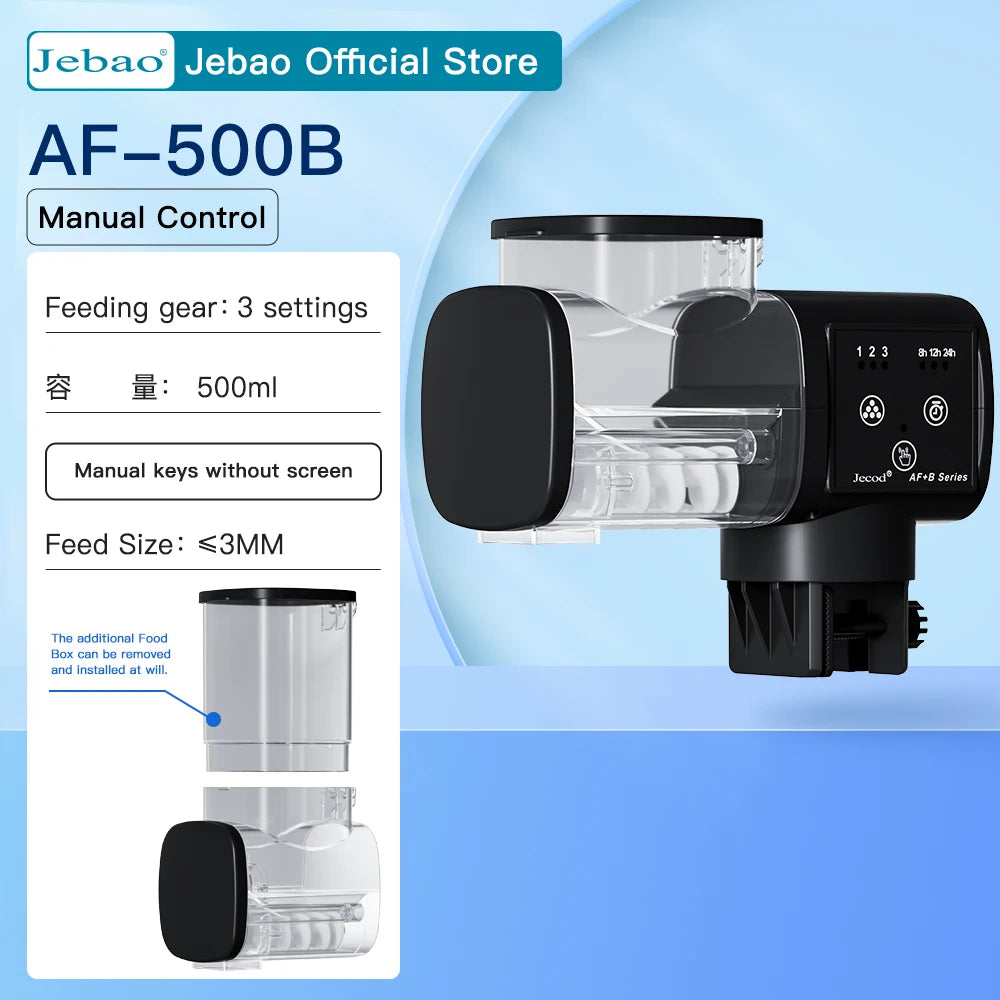 Black and clear 500ml automatic fish feeder with manual control buttons and a detachable food container.