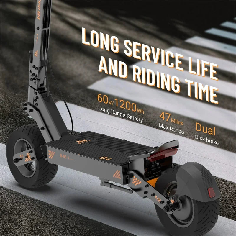 KuKirin G4 dark gray electric scooter with large off-road tires, wide standing deck, and promotional text.