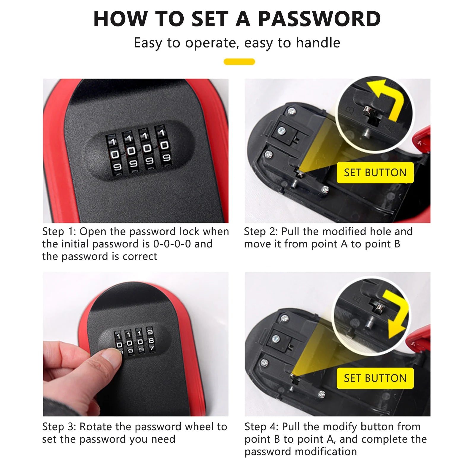 A red and black plastic 4-digit combination lock with instructions on how to set a new password.