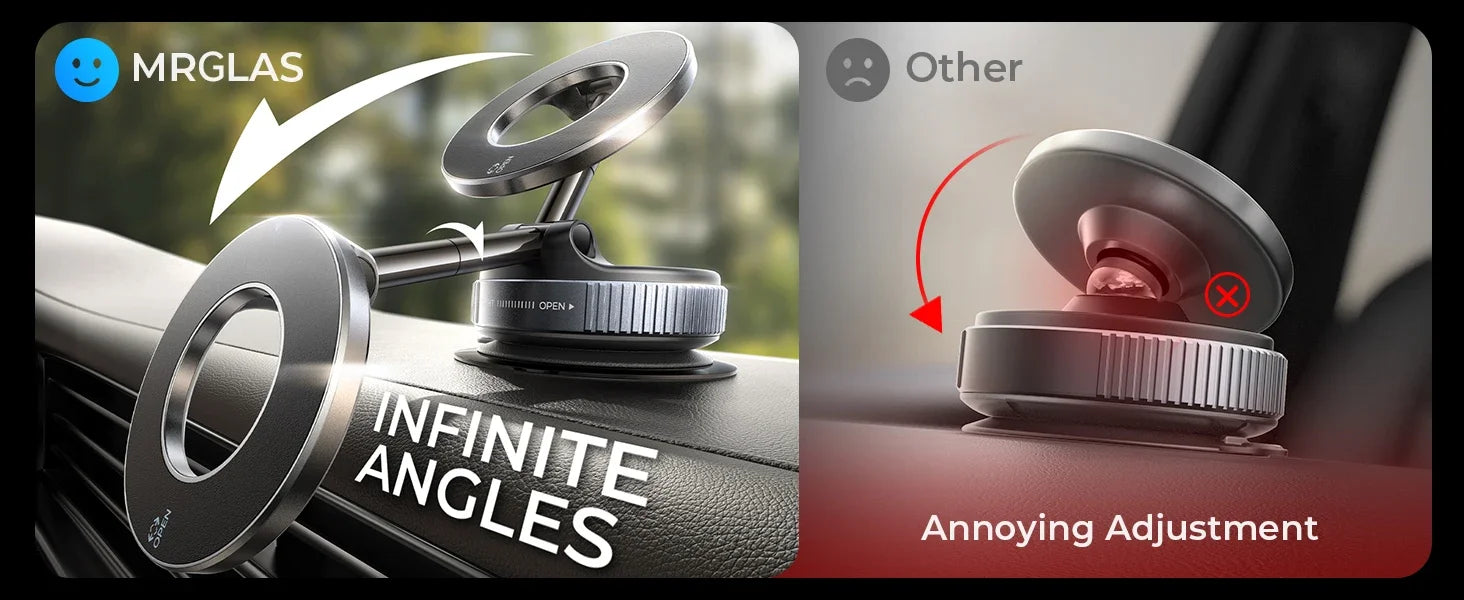 Silver magnetic car phone mount with adjustable extension arm compared to a standard fixed-angle mount.