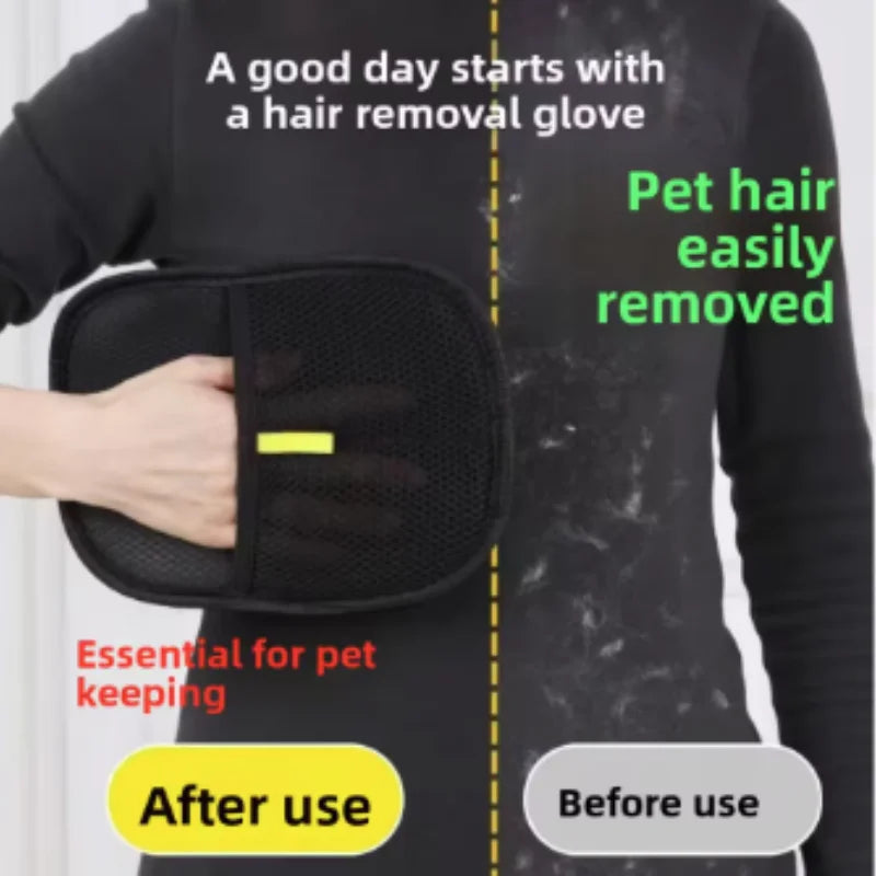 Black mesh pet hair removal glove shown against a black top, demonstrating hair removal before and after use.
