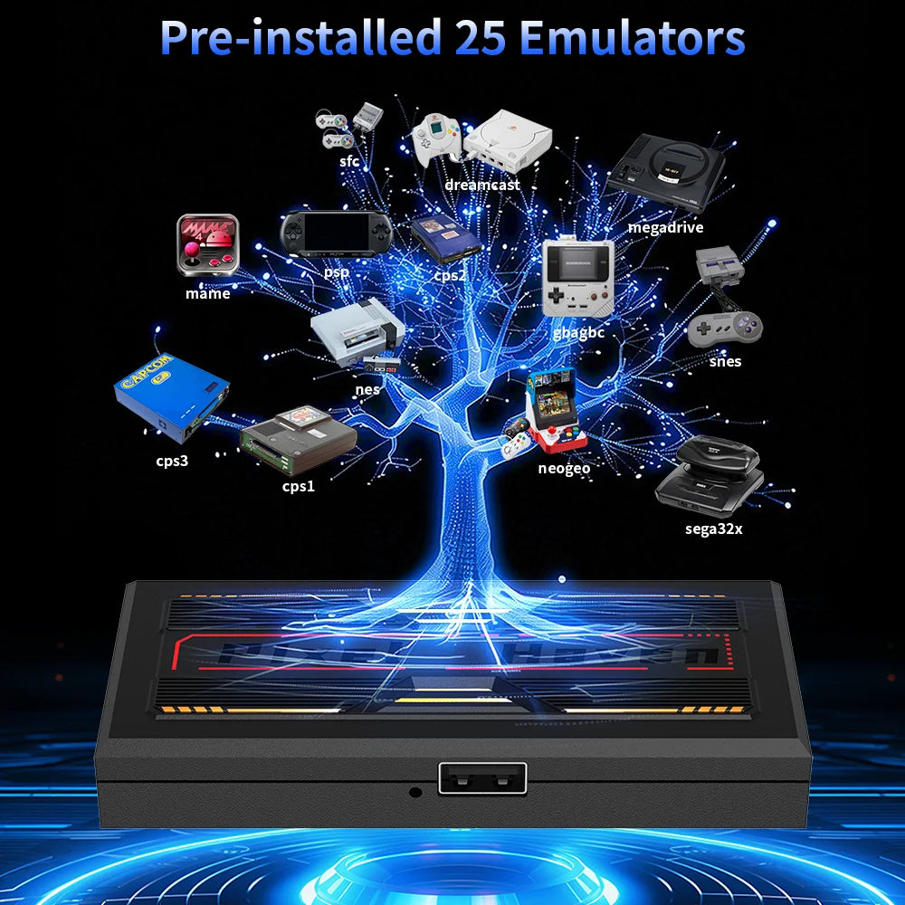Black 4K HD retro game box console with a glowing blue digital tree graphic showing pre-installed emulators.