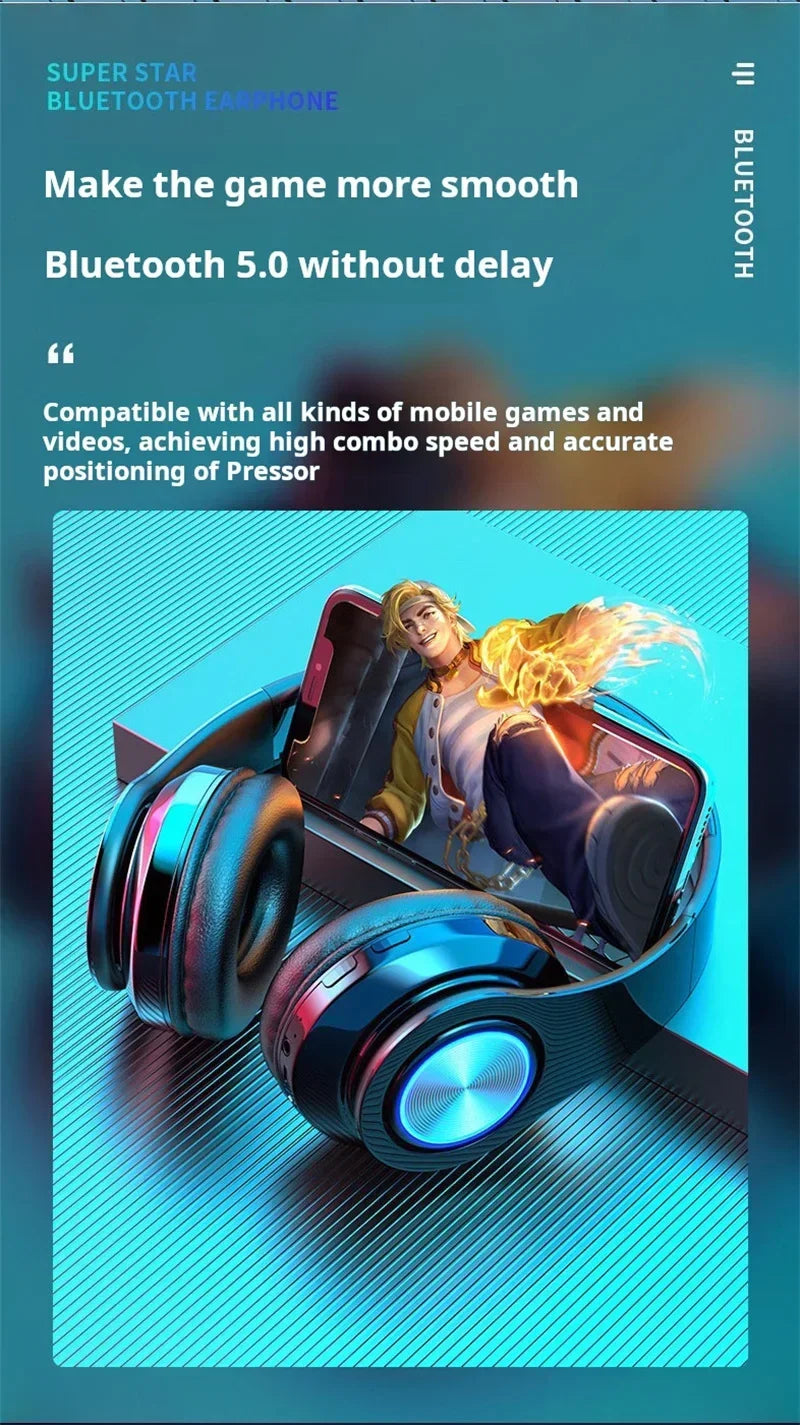 Black wireless gaming headset with glowing blue ear-cup accents, displayed with a smartphone featuring gaming art.