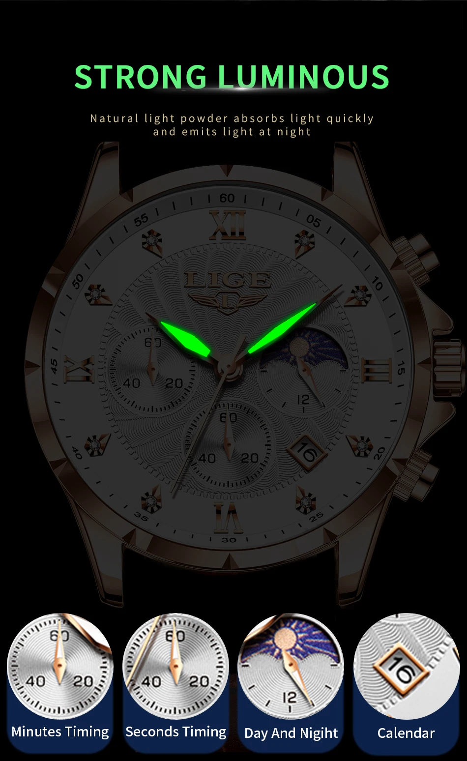 Men’s rose gold chronograph watch with luminous hands, textured white dial, day-night indicator, and date display.