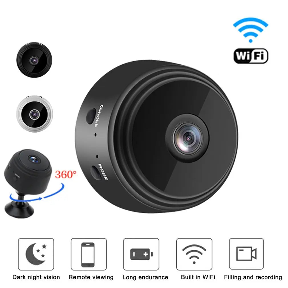Small black plastic Wi-Fi security camera with 360-degree rotation, night vision, and remote viewing capabilities.