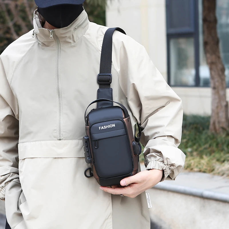 Black and brown anti-theft chest bag with a crossbody strap and built-in USB charging port.