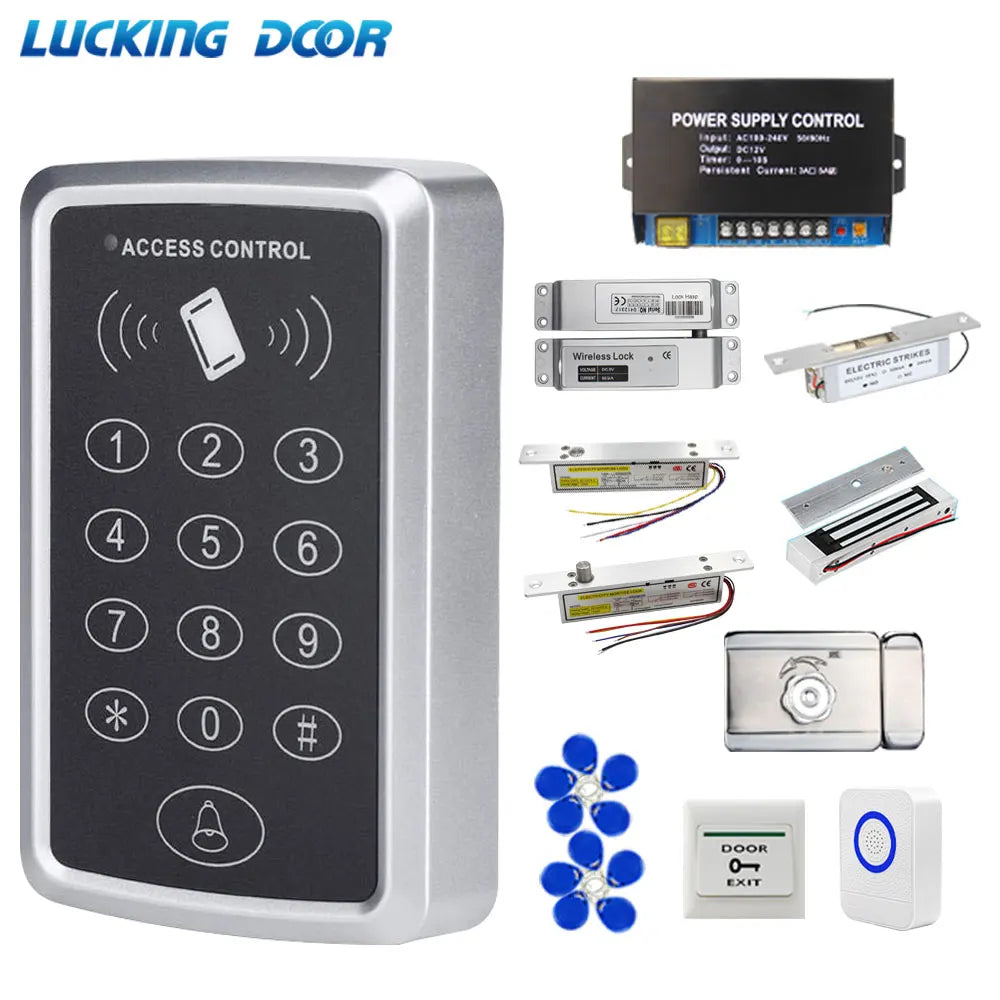 Silver metal RFID access control keypad set with power supply, electric locks, door release button, and key fobs.