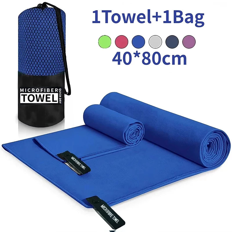 Blue microfibre gym towel (40x80cm) with a matching mesh carry bag. Available in multiple colours.