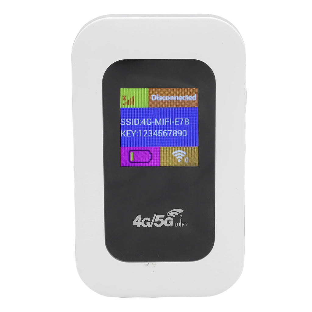 White, portable 4G wireless WiFi hotspot device with a black centre console and a digital status display screen.