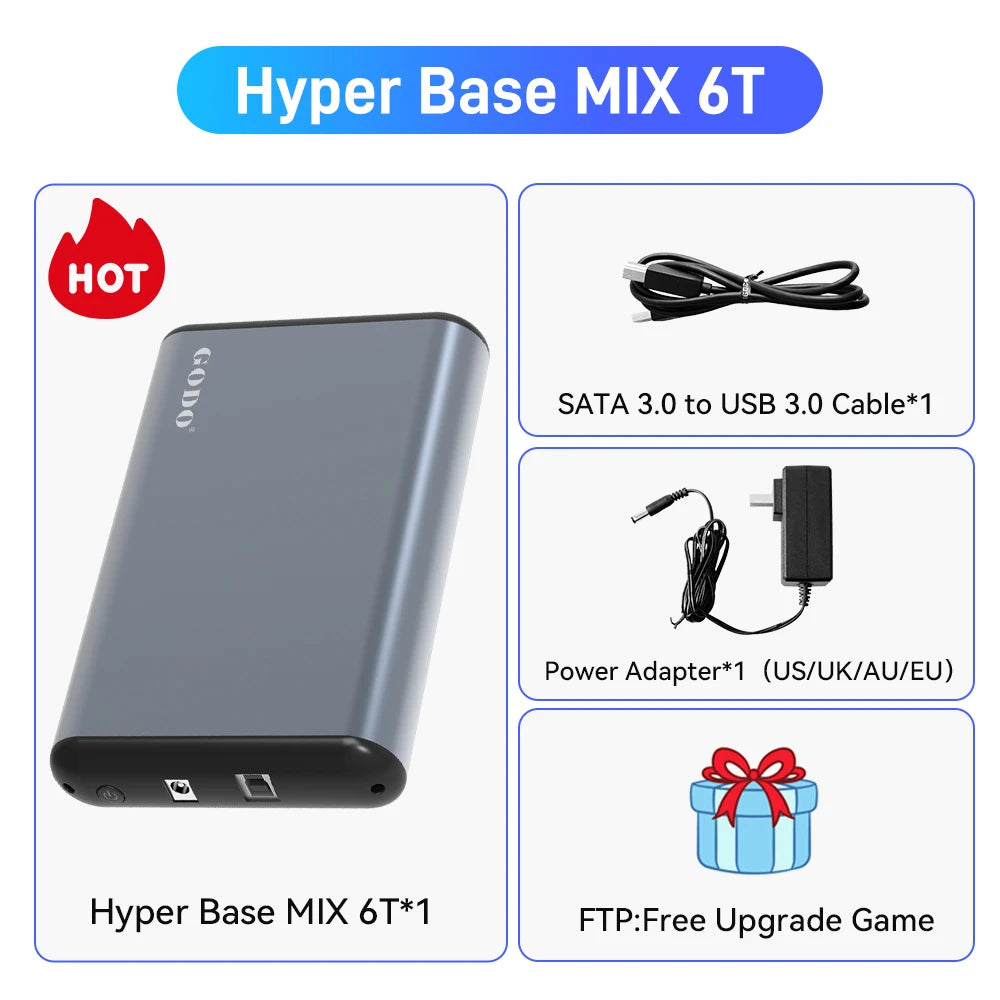 Grey Hyper Base MIX 6T gaming HDD with USB cable, power adapter, and free game upgrade.