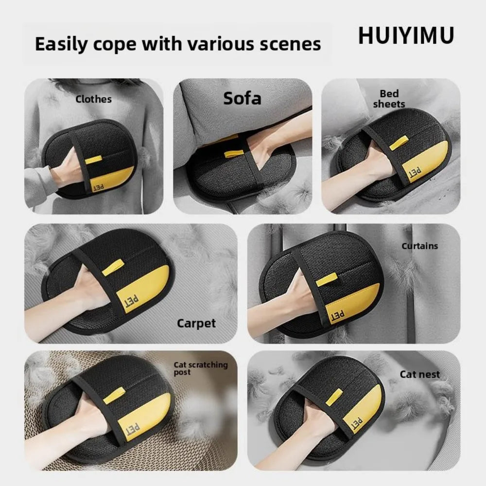 Black and yellow handheld pet hair remover brush shown in use on clothes, sofa, carpet, and curtains.