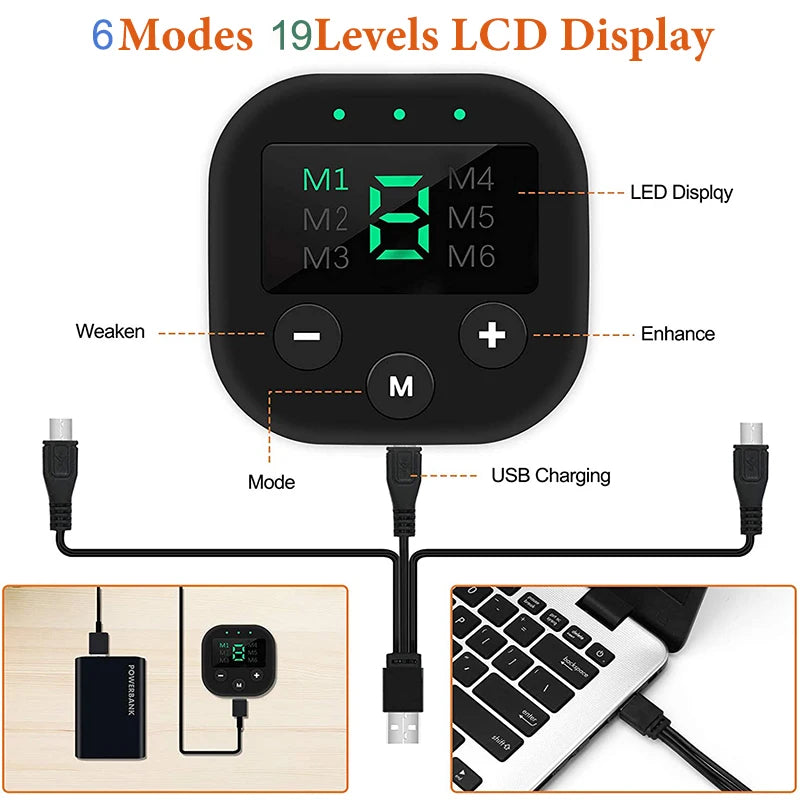 Black square EMS muscle stimulator controller with LCD display, control buttons, and USB charging cables.