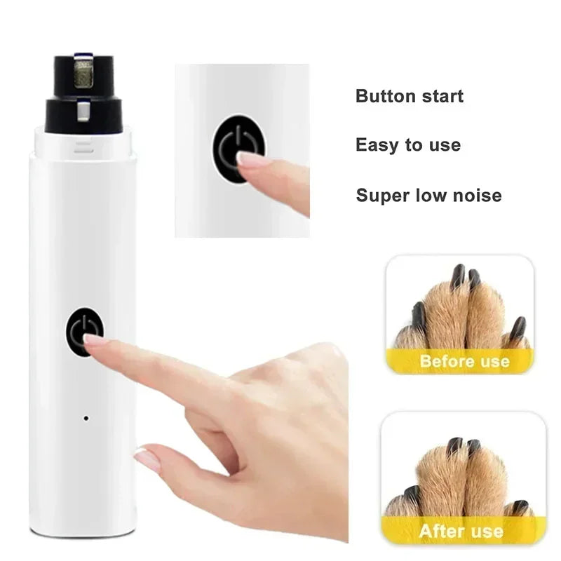 White rechargeable electric pet nail grinder with a simple button start, shown trimming a dog’s claw for smooth results.