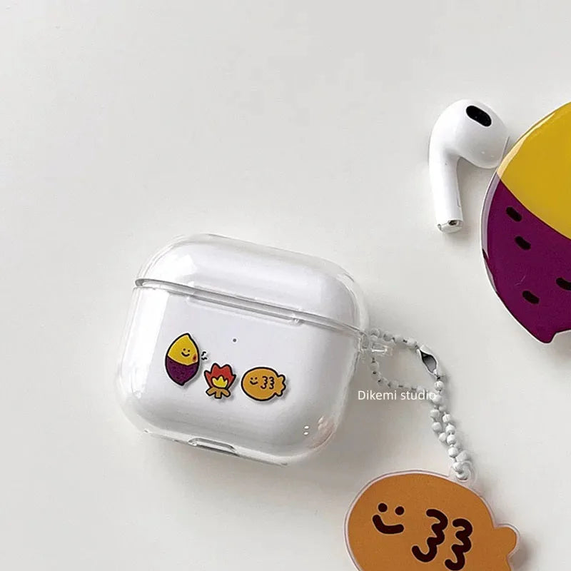 Clear plastic case for AirPods 3, featuring cute food-themed icons and a matching character charm.