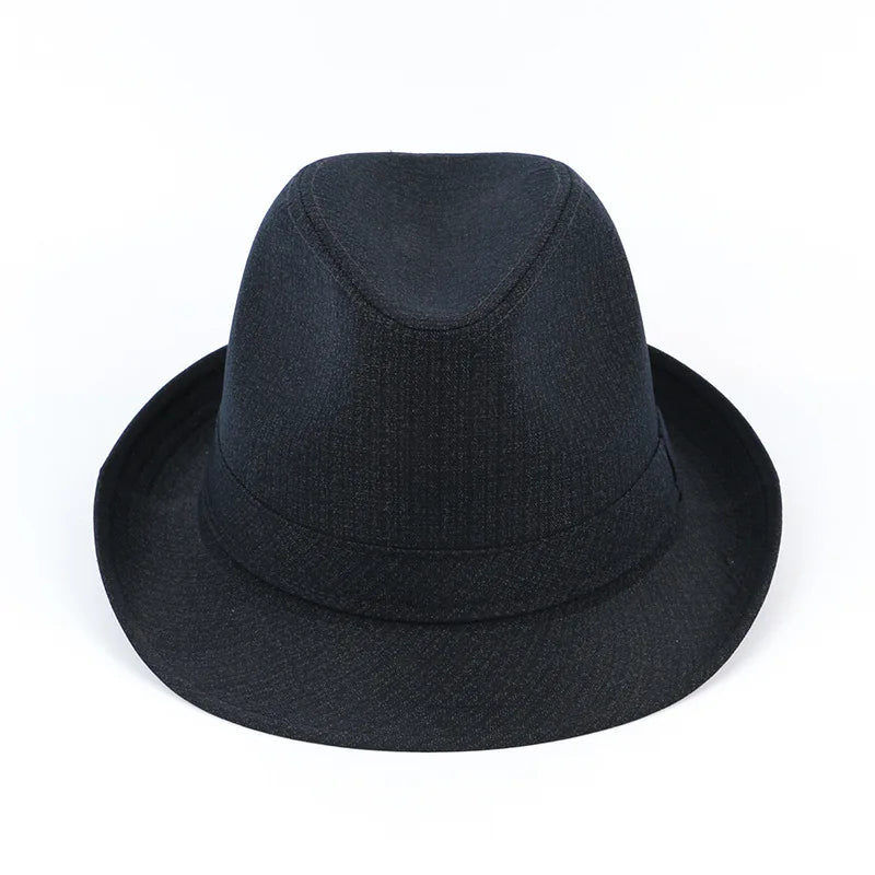 A classic black fedora hat with a subtle textured plaid pattern and a structured brim, isolated on a white background.