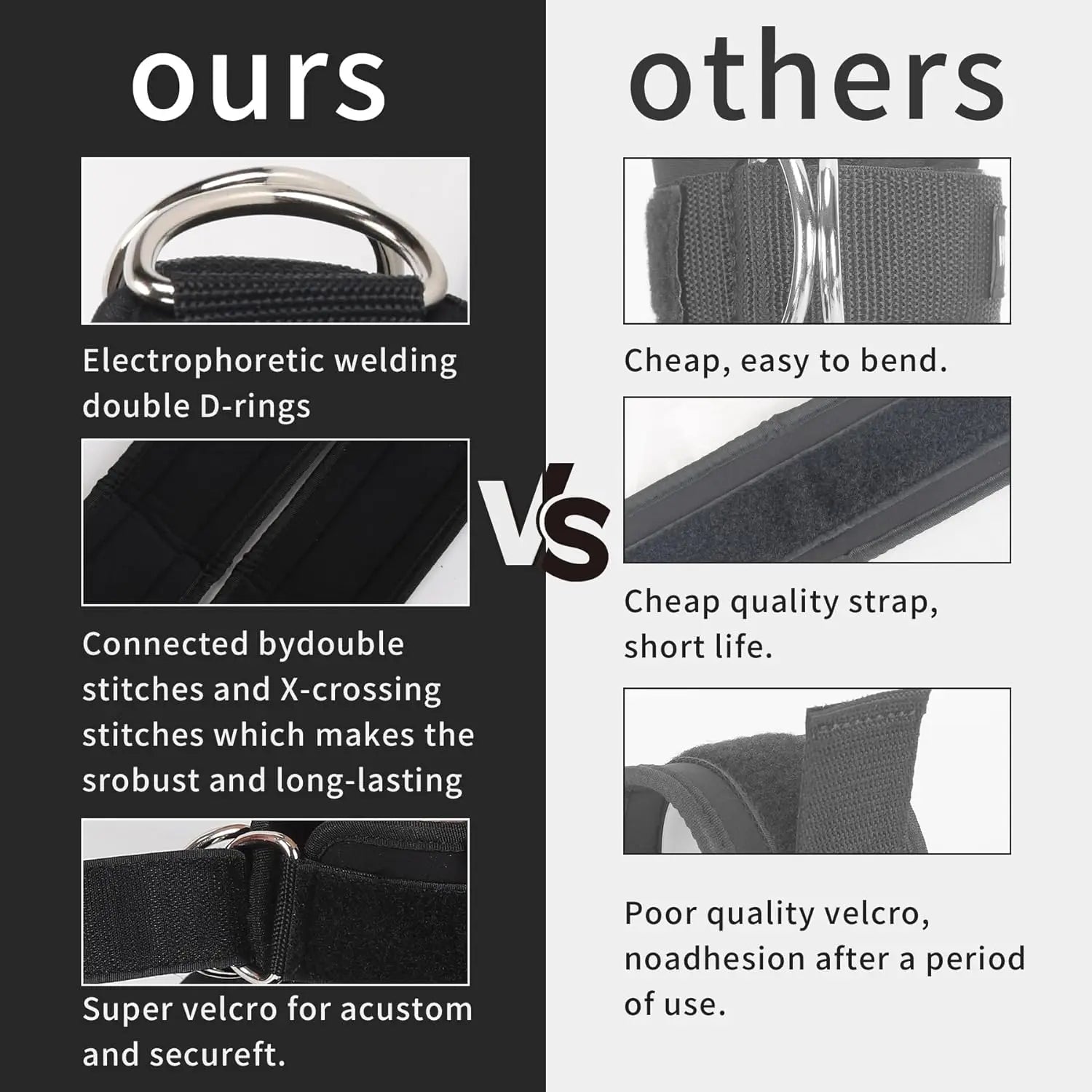 Comparison chart showing durable black gym ankle strap features versus poor quality alternatives.