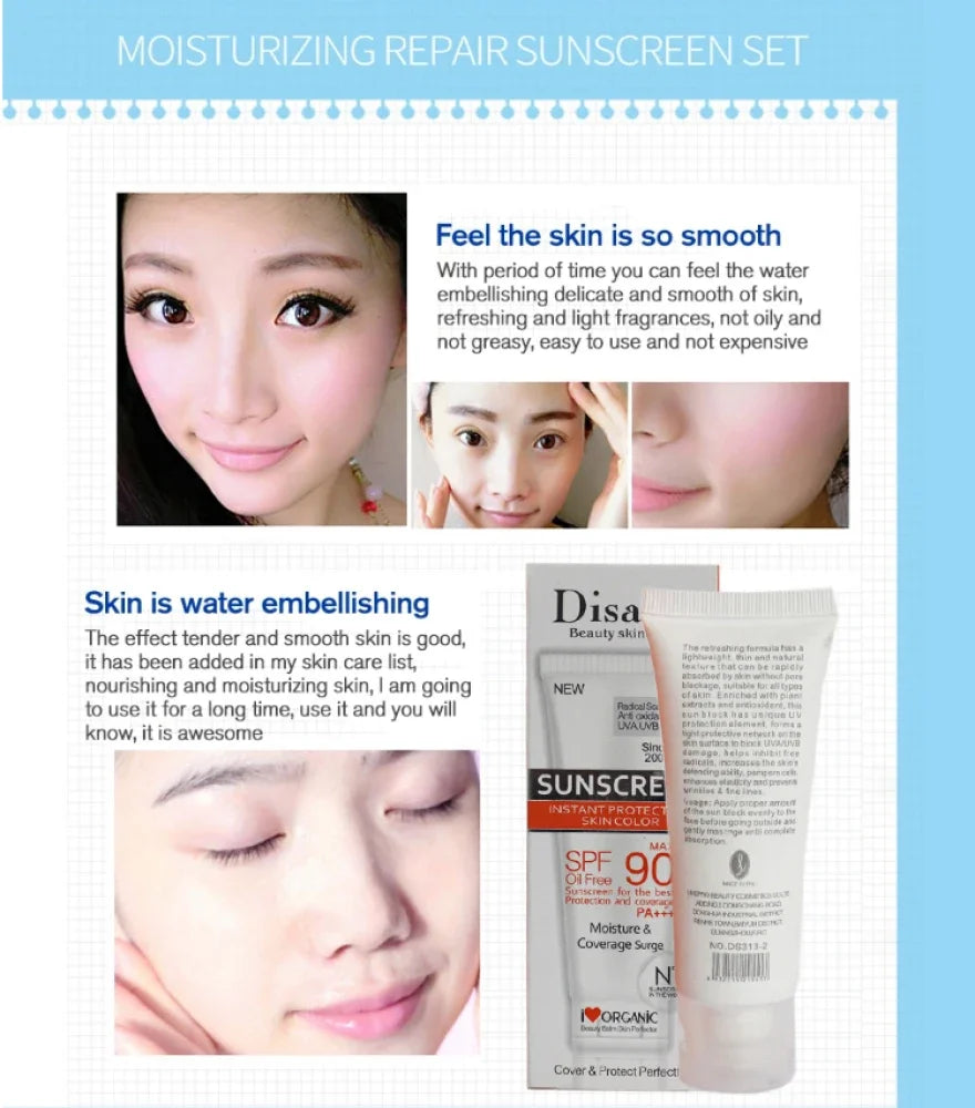 Moisturizing repair sunscreen in a white tube with orange accents, SPF 90, featuring photos of smooth, glowing skin.