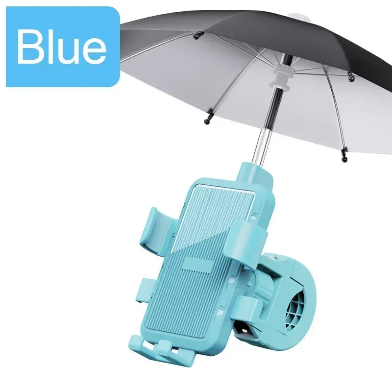 Light blue phone mount with a protective sun umbrella, designed for handlebars. Functional, compact, and weather-ready.