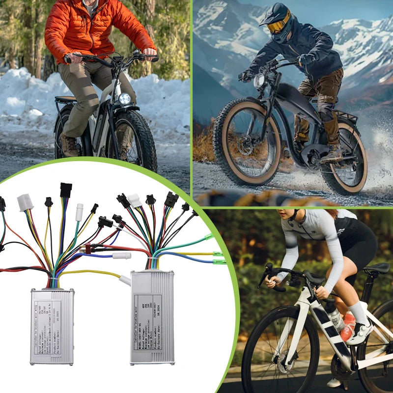 Silver metallic electric bike brushless controller units with multi-colored wiring harnesses.