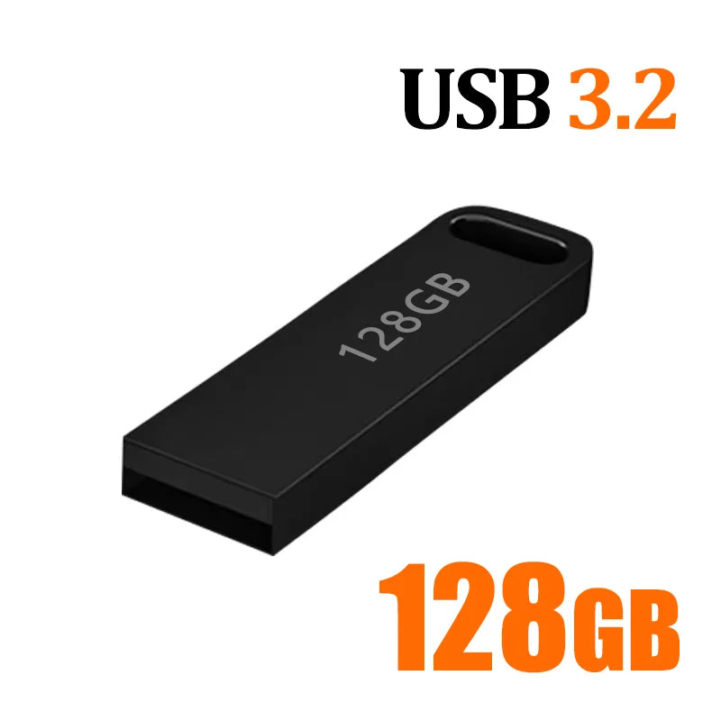 Sleek black USB 3.2 portable flash drive with a keyring loop, showing 128GB capacity.