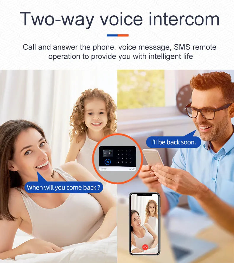 A sleek white and black home security alarm system with a touch screen, showing family using two-way voice intercom.