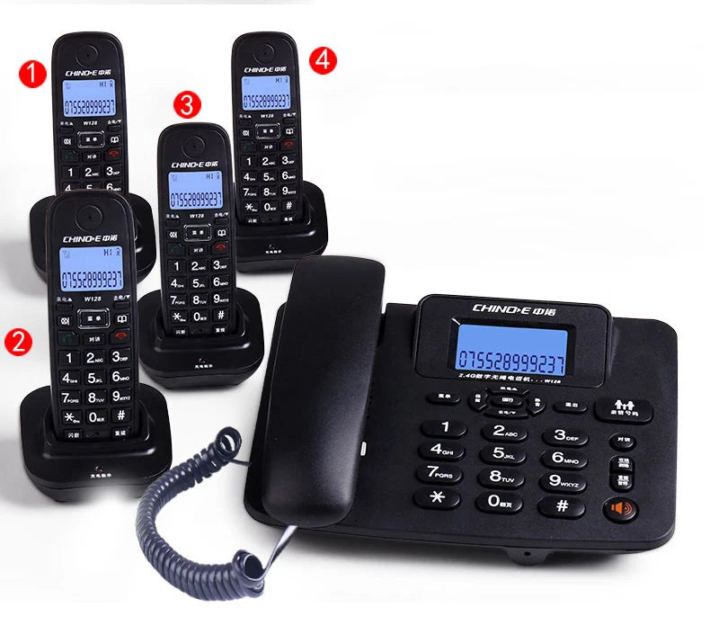 Black multi-handset cordless telephone system with a corded base station, LCD screens, and numeric keypads.