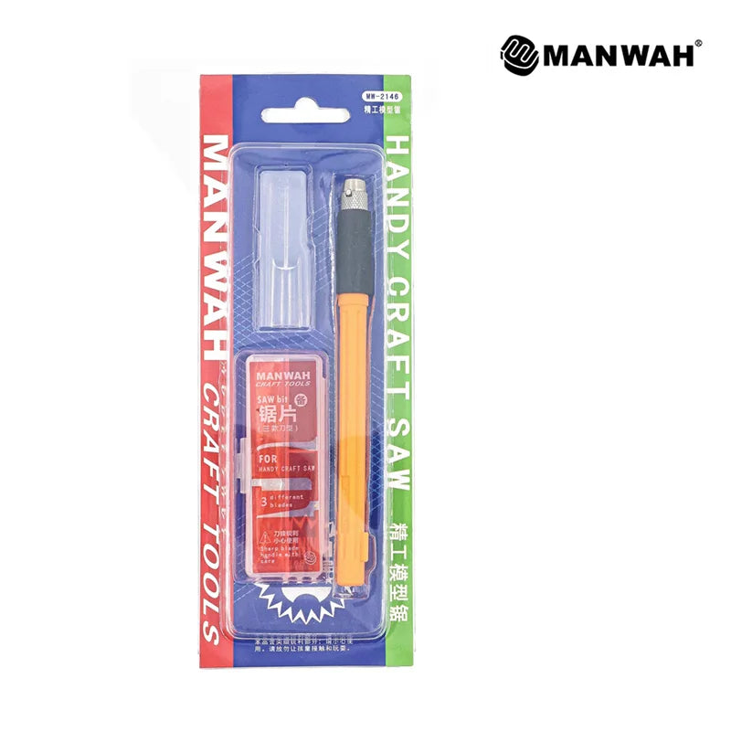 Precision craft saw set with orange handle, metal collet, and three interchangeable blades in clear storage case.