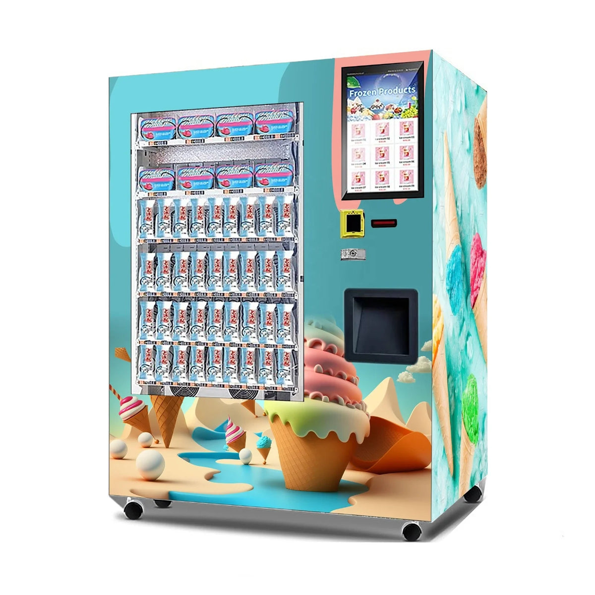 Teal dessert vending machine with glass display, touchscreen, and ice cream graphics.
