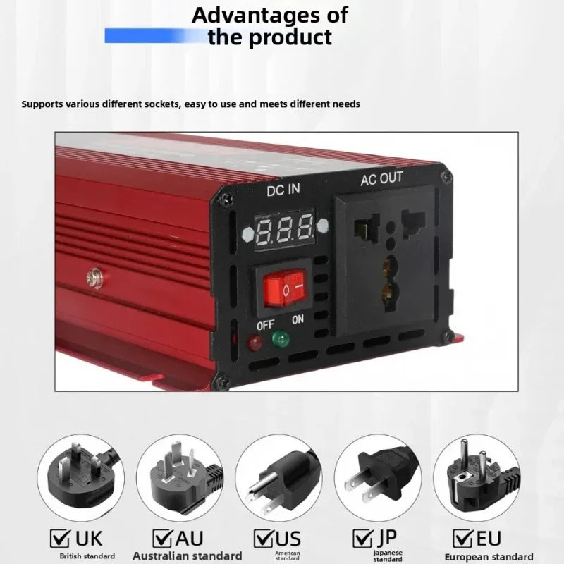 Red metal pure sine wave car power inverter with a digital display, power switch, and universal AC outlet.