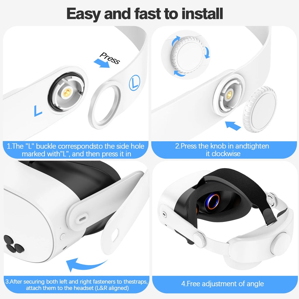 White adjustable VR headset headband featuring a simple, easy-to-install design with a comfort-fit tightening knob.
