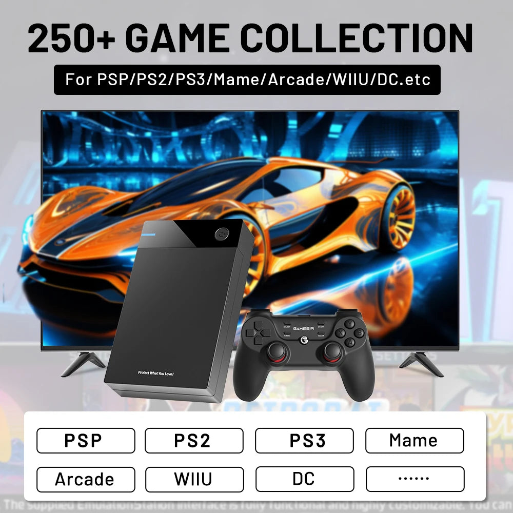 Black 12TB gaming HDD console with a black controller, in front of a TV displaying an orange race car.
