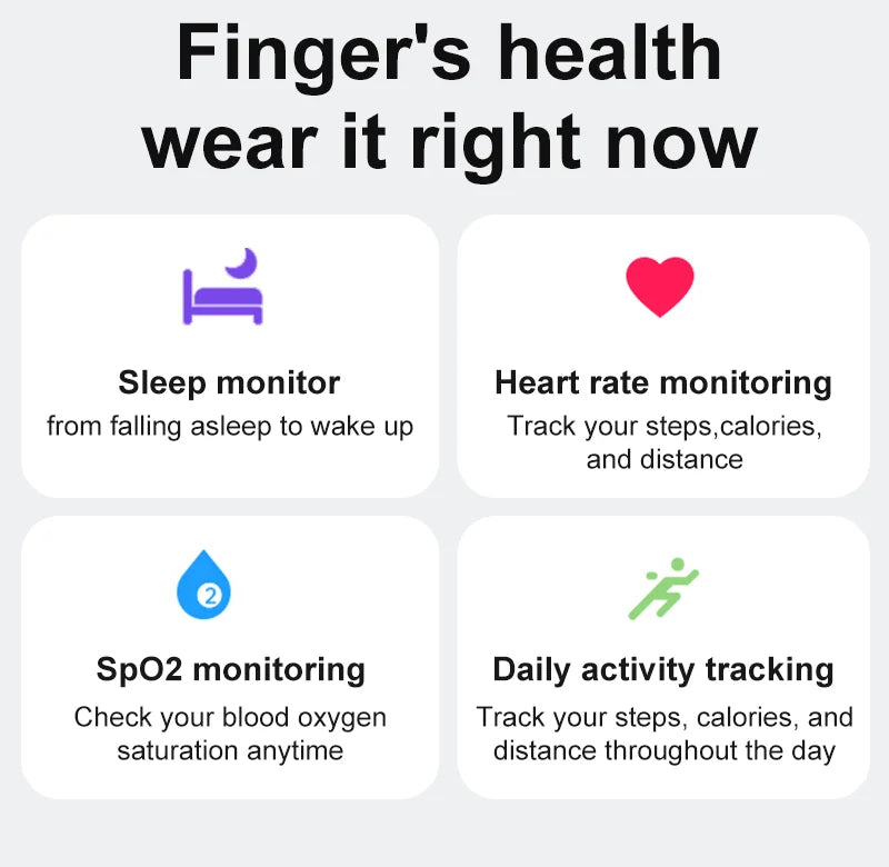 Smart health tracker ring features: sleep, heart rate, and blood oxygen monitoring plus daily activity tracking.