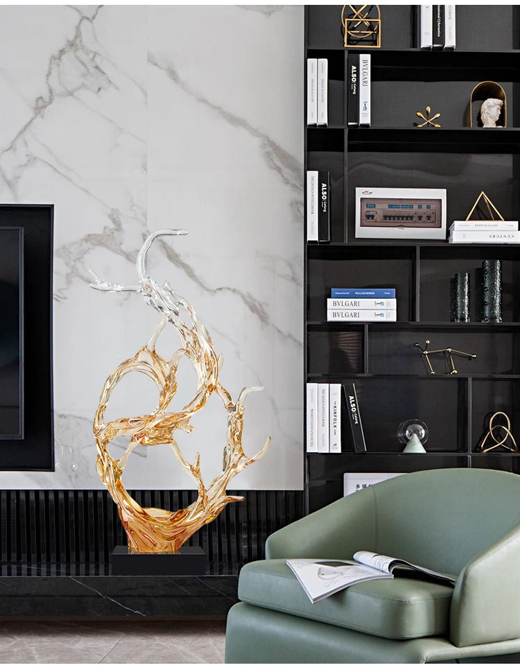 Abstract resin ornament with a fluid, branch-like amber and clear design on a black base in a modern living room.