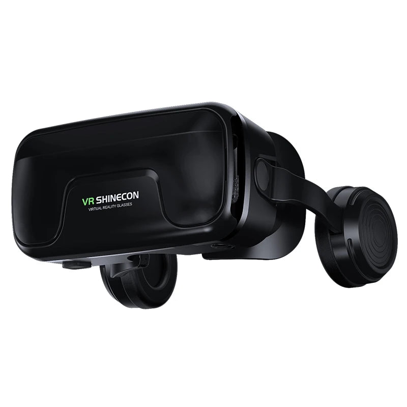 Black virtual reality headset with integrated headphones on a plain white background.